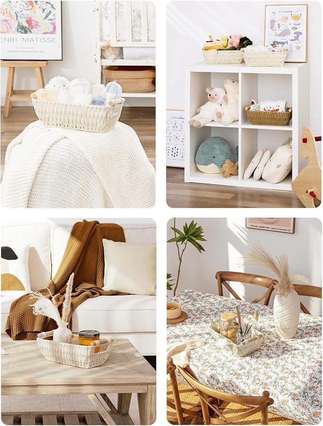 StorageWorks Small Storage Basket, Woven Basket for Shelves, Beige | Wicker Storage Baskets for Shelves, Baskets with Wooden Handles, 2-Pack Gifts Basket for Home Decor, Hand-Woven Basket