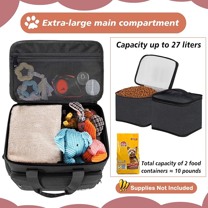 Dog Travel Bag, Large Pet Travel Set with Multi-Function Pockets | 2 Food Storage Containers, 2 Collapsible Bowls, 1 Feeding Mat for Pet Supplies, Road Trip Essentials, Weekend Camping, Black