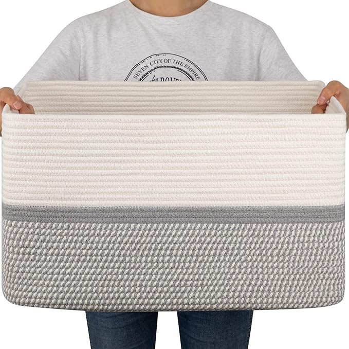 OIAHOMY Blanket Basket Laundry Basket Dog Toy Basket 75L Grey/White | Large Storage Basket,Baby Basket,Toy Storage,Woven Rope Basket for Blankets,Blanket Storage for Living Room