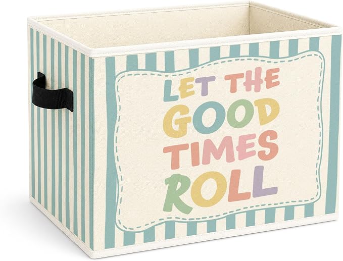 Good Times Storage Bin, Foldable Fabric Basket for BedRoom Classroom | Foldable fabric storage bin with blue stripe design for toys, books, clothes, nursery, classroom, and playroom use.
