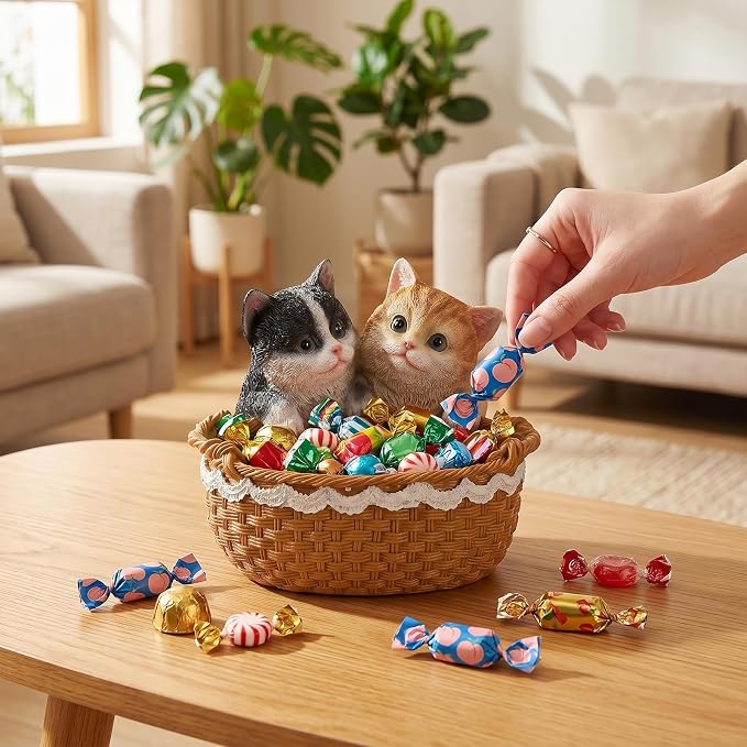 Resin Double Cat Storage Basket, Decorative Catchall Tray for Keys & Candy, Desk Organizer Bowl for Home Office, Room Decor Accessories