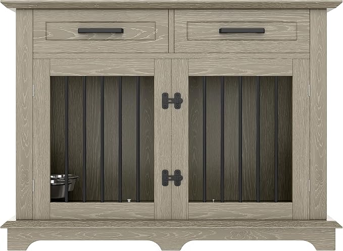 44.48" Large Dog Crate, 3-in-1 Wooden Dogs Crate End Table TV Stand Furniture with 2 Storage Drawers and Rotating Bowls, Decorative Pet House Dog Crates for Small/Medium Dogs, Gray