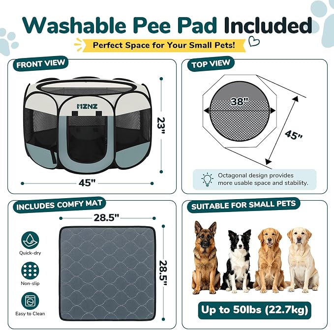 Dog Cat Small Animal Puppy Playpen Crate with Pee Pad, Large, Grey | Portable Pop Up Pet Cage Enclosure Tent Kennel Indoor Outdoor with Carrying Case, No Assembly, Camping Use
