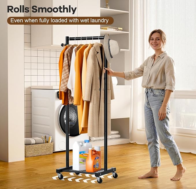MISSLO Small Clothes Racks for Hanging Clothes Clothing Rack with Wheels 60" Metal Garment Rack with Shelves Portable Rolling Wardrobe Rack for Small Space, Black