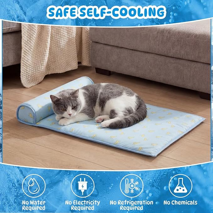 DoubleFill 4 Pack Cooling Pet Mats 23.6" x 31.5" Cooling Dog Beds with Supportive Pillow Self Ice Washable Cool Pads Summer Cat Sleeping Pad with Storage Bag for Summer Crate Floor (Large, Blue)