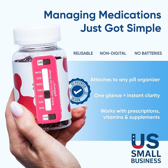 PillSavvy™ Daily Pill Tracker – Non-Digital, Reusable Medication Reminder for Bottles & Organizers – Easy to Use, Curved Back – Track Prescriptions, Vitamins, Supplements & Pet Meds (Pink, 2 Pack)