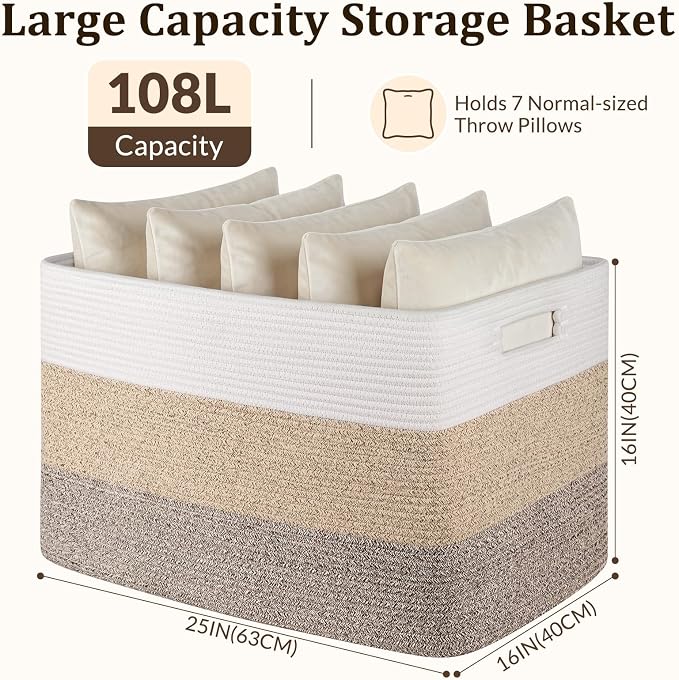 OIAHOMY 108L Super Large Blanket Basket, 25”x16”x16”(108L) Rectangle Woven Baskets for Storage, Cotton Rope Basket For Living Room, Toy Storage with Handle - Gradient Grey | Rectangle Woven Baskets for Storage Cotton Rope Basket For Living Room Toy Sto...