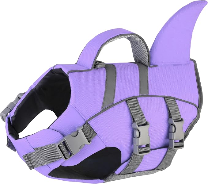 Dogcheer Swim Dog Life Jacket Shark, Life Vest for Dogs- Tar. Purple,M | High Buoyancy, Harness-Style, Rescue Handle, Adjustable Fit, Reflective, Swimming & Boating, Puppy Small Medium Large Dogs