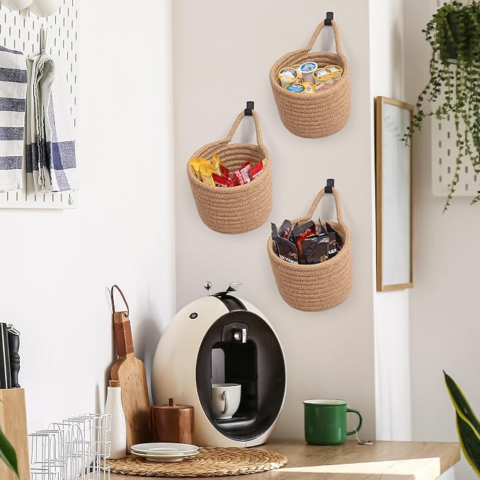 Fabric Wall Hanging Baskets - 3Pack Woven Pouchs Boho Style Wall Mounted Bag with Adhesive Hooks, Storage Organizers and Decoration Pocket Caddy Bins on Door Rack (Linen & Black, Large) | Wall Small Bags with Adhesive Hooks, Linen Rope, Boho Decorative...