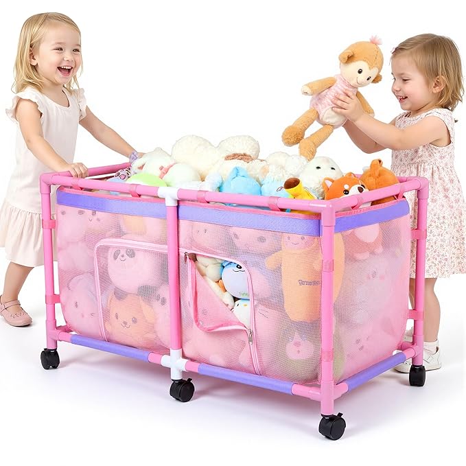 FIOBEE Toy Box for Girls Boys with See-Through Mesh & 360° Rotating Wheels | Kids Toy Chest Organizer, Stable Structure & Easy Install, Extra Large Storage Bin for Clothes, Ball, Pet Toys, Swimming Ring