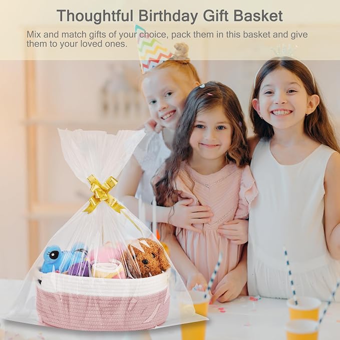 Small Woven Gift Basket with Bag & Ribbons, Dusty Pink | Cotton Rope, 13”x 9”x 5.5”, Fits for Kids, Women & Men, Bedroom, Living Room, Nursery & Bathroom Storage, Cat & Dog Toy Boxes