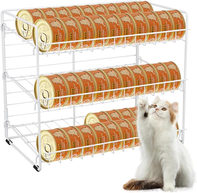 FMOACEN Cat Food Organizer, 3-Tier Stackable Iron Shelf for 45 Cans (3oz) - Pet Food Dispenser, Kitchen Pantry Storage Rack Cabinet, Canned Cat Organizer for Home & Shop