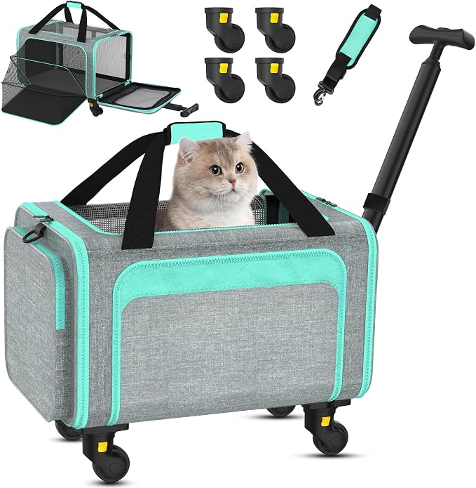 Airline Pet Carrier with Wheels, 18x11x11 for Cats & Toy Dogs | Soft-sided nylon under-seat bag, removable wheels, expandable mesh, cats & toy-breed dogs, measure pet before buying