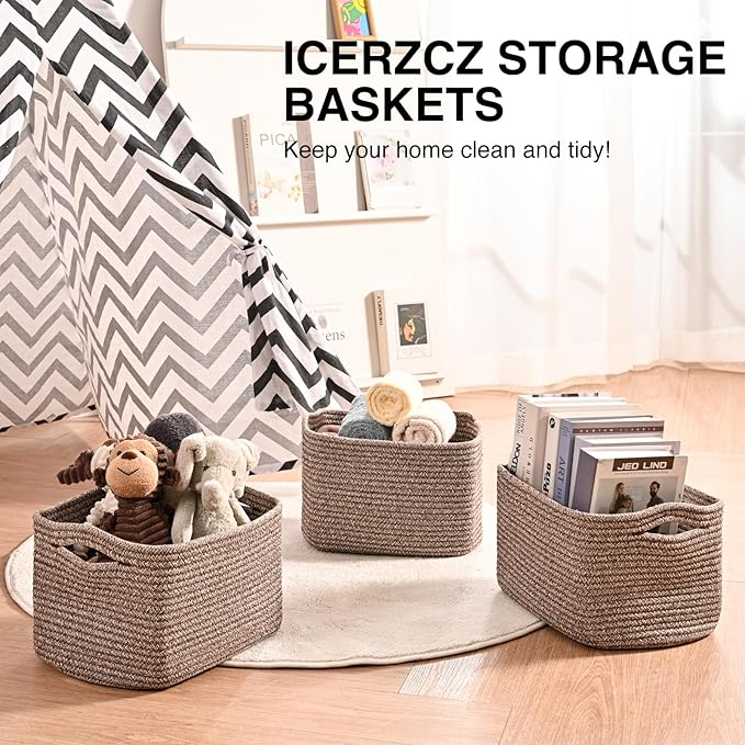 ICERZCZ Storage Baskets for Organizing 12.5x9.1x7.9 Mixed Dark Brown | Storage Bins for Shelves, Woven Cotton Rope Basket for Books Toys Clothes Bedroom Living Room Nursery Bathroom, 4 Packs