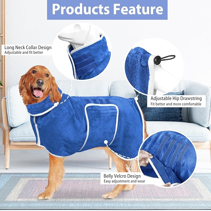 Dog Bathrobe Towel Dog Drying Coat - Super Absorbent Towels Bath Robe for Dogs Large, Soft Adjustable Collar & Belly Strap Fast Drying Coat Pet Cat Bath Robe (Medium Blue‌, XX-Large)