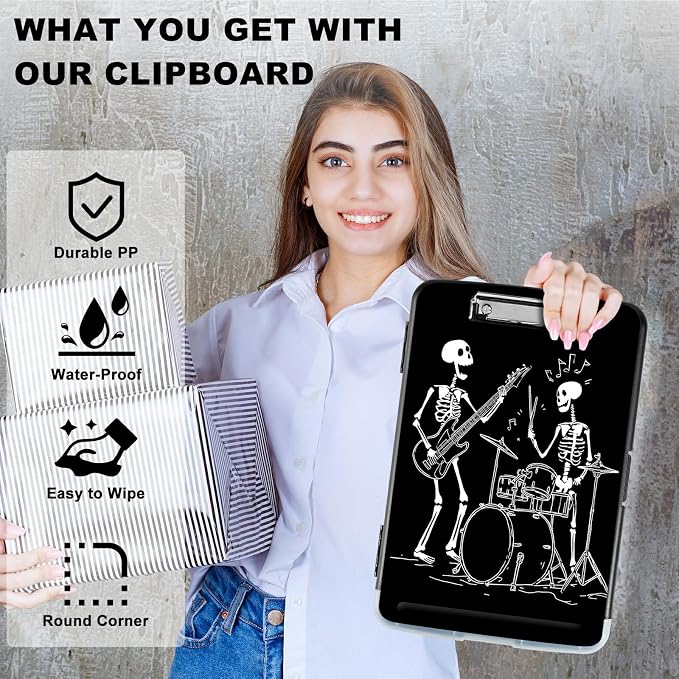 A4 Clipboard with Storage Pen Holder, Clipboards Organizer Nursing Clipboard Foldable File Folder Plastic Clipboard Folio Clip Board for Office Work Classroom Doctor, Guitar Skull