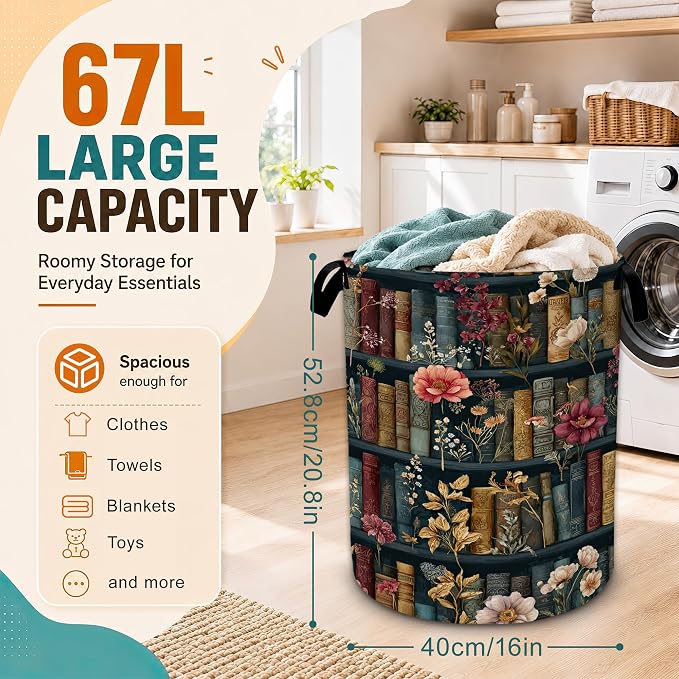 Vintage Bookshelf Flowers Laundry Basket,Foldable Oxford Laundry Hamper with Handles,Portable Clothes Tote Bag Clothes Storage Bucket Organizer 20.8" x16" For Bathroom/Laundry Storage/Bedroom