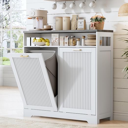 Pet-Proof Double 13 Gallon Tilt Out Trash Can Cabinet with Open Storage – Hide Garbage & Recycling Bins to Keep Your Kitchen Clean and Organized,White