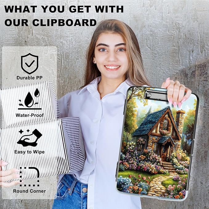 A4 Clipboard with Storage Pen Holder, Clipboards Organizer Nursing Clipboard Foldable File Folder Plastic Clipboard Folio Clip Board for Office Work Classroom Doctor, Garden Castle