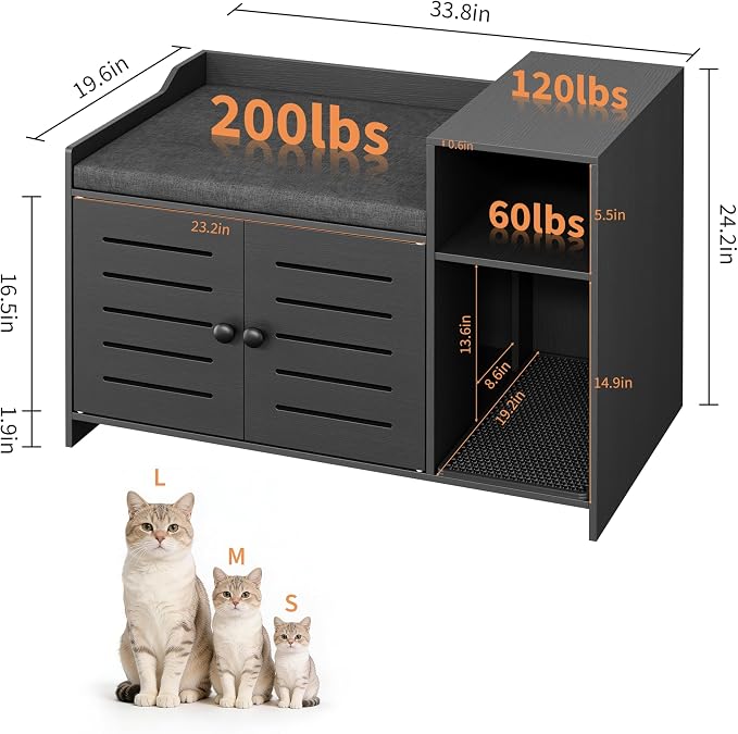 Cat Litter Box Enclosures, Large Hidden Cat Litter Box Furniture with Double Door, Wooden End Table Litter Box Cabinet with Storage Shelf, Cushion & Litter Mat, Dog Proof Design, Modern Cat House