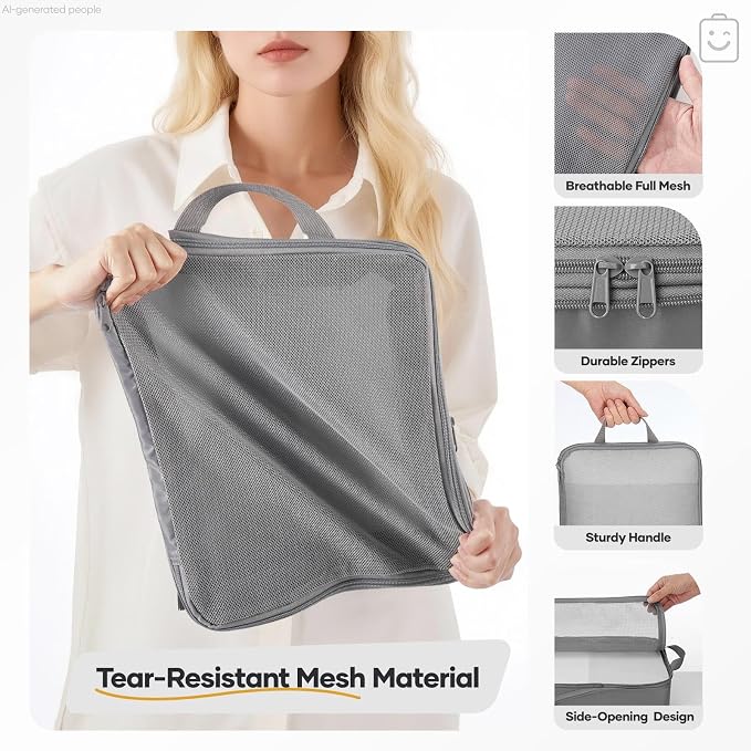 Veken 11 Set Compression Packing Cubes Garment Bags for Travel Essentials,Compressible Expandable Luggage Organizer Bags for Clothing,Space Saver Bags with Over 1000 pcs of Mesh Holes(Gray)