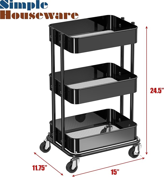 Simple Houseware 3-Tier Utility Cart, Low 24" Height Fits Under Desk, Black | Compact & Lower Height Great for Under-Desk Space-Saving Storage for Home Office, Dining Room, or Kitchen