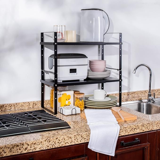 Across-Star Expandable Cabinet Shelf Organizer Rack, Stackable Kitchen Countertop Organizer Storage Shelves, Adjustable Height Pantry Counter Shelf Riser Spice Rack (Black, 2 Pack)