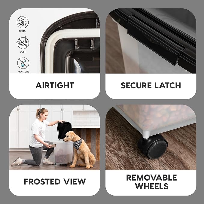 IRIS USA Dog Food Storage Container, Up to 50 lbs, Black, Made in USA | Wheels for Mobility, Airtight Seal, BPA-Free, Best for Bird Seed, Cat food, Cat Litter, Chicken Feed, Pellets