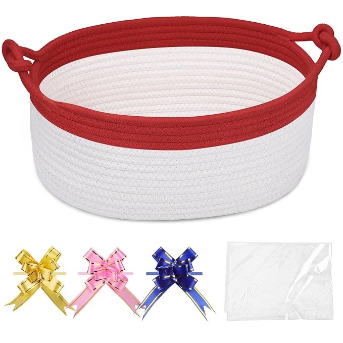 COMSE Small Gift Basket Empty with Bag & Ribbons, Red & White | Cotton Rope, 12"x 8"x 5", Pet Toy Storage Organizer, Woven Basket for Birthdays, Baby Showers, Mother’s Day, Valentine’s Day