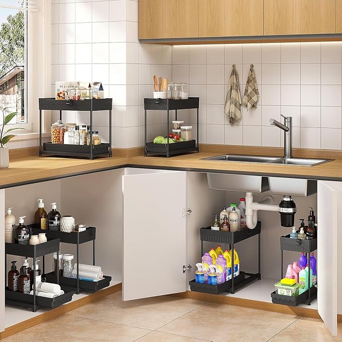 4-Pack 2-Tier Under Sink Organizer with Pull Out Drawers | Multi-use kitchen & bathroom storage. Includes hanging hooks and cups. Black, space-saving cabinet design. 14.8 Inch