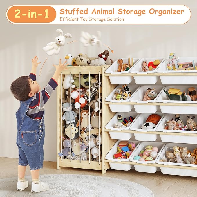 EXPERLAM Kids Toy Storage Organizer, 2-in-1 Stuffed Animal Storage & Toy Organizer w/12 Bins, Solid Wood Toy Rack Featuring Thicker Elastic Ropes to Hold Toys, Playroom Nursery Bedroom Storage, White