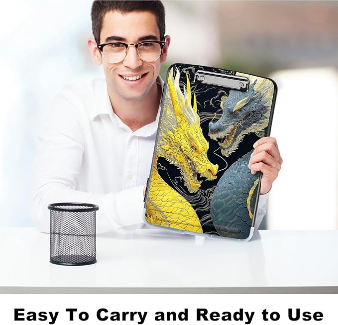 A4 Clipboard with Storage Pen Holder, Clipboards Organizer Nursing Clipboard Foldable File Folder Plastic Clipboard Folio Clip Board for Office Work Classroom Doctor, Gray-Yellow Dragon