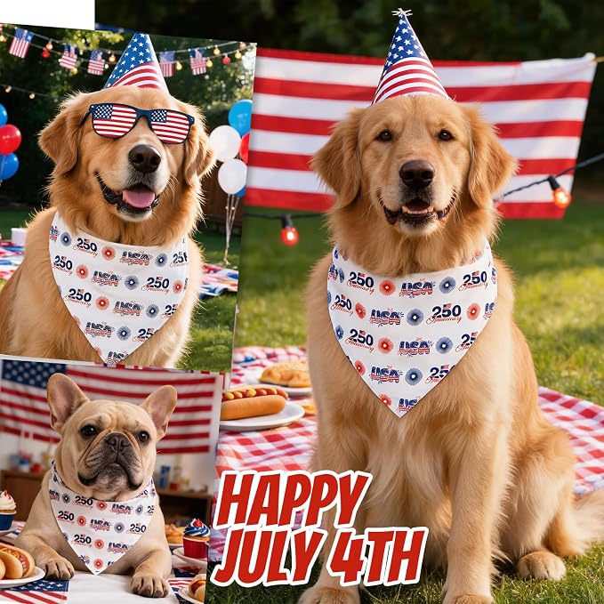 250th Anniversary Dog Bandana, American Flag Triangle Scarf, Adjustable Snap Button Patriotic Neckwear for Small & Medium Breeds (5-30lbs)