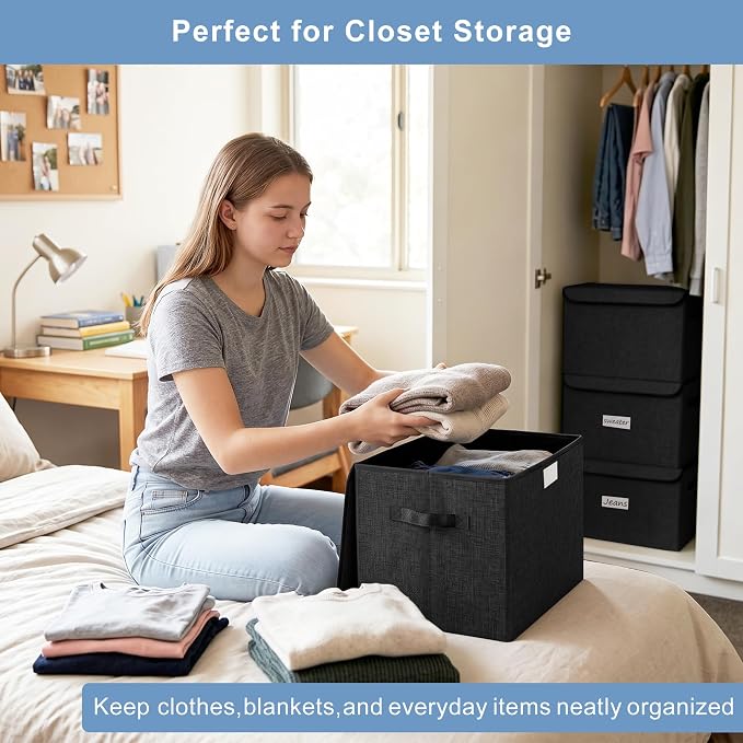 Large 22 Quart Linen Fabric Foldable Storage Bin Cube Organizer Basket with Flip-Top Lid & Handles, Clothes Blanket Box for Home, Office, Closet, Black, 4 Pack 14.6 x 9.5 x 9.5”