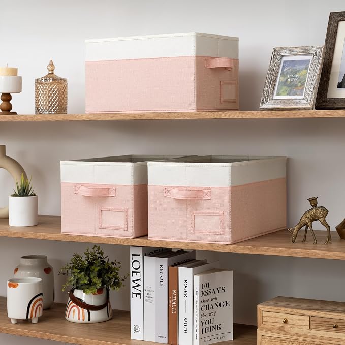 GRANNY SAYS Closet Storage Bins with Label, Pink&Ivory, Medium, 3-Pack | Fabric Storage Bins for Shelves, Closet Storage Boxs, Clothing Storage and Organization, Decorative Storage Bins