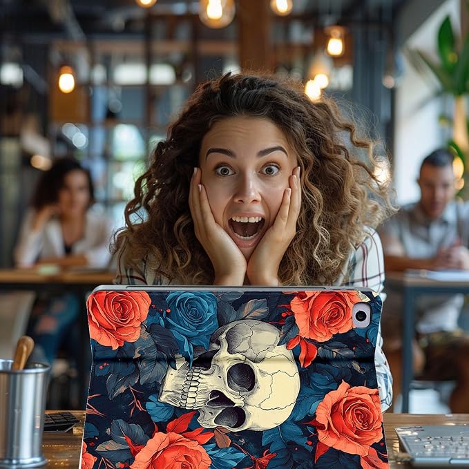 for Microsoft Surface Pro X/Pro X Plus-13 2019/2020/2021/2024 Tablet Case,Auto Wake/Sleep,Adjustable Stand Protective Cover - Skull Rose