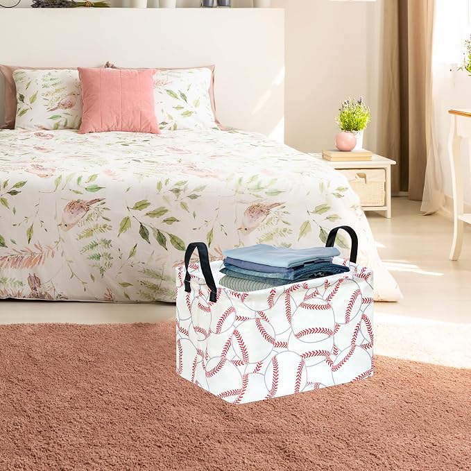 Baseball Storage Basket for Boys Room, Foldable Toy Organizer Bin | Baseball-Themed Storage Basket with Waterproof Lining, Leather Handles and Foldable Design for Kids’ Rooms