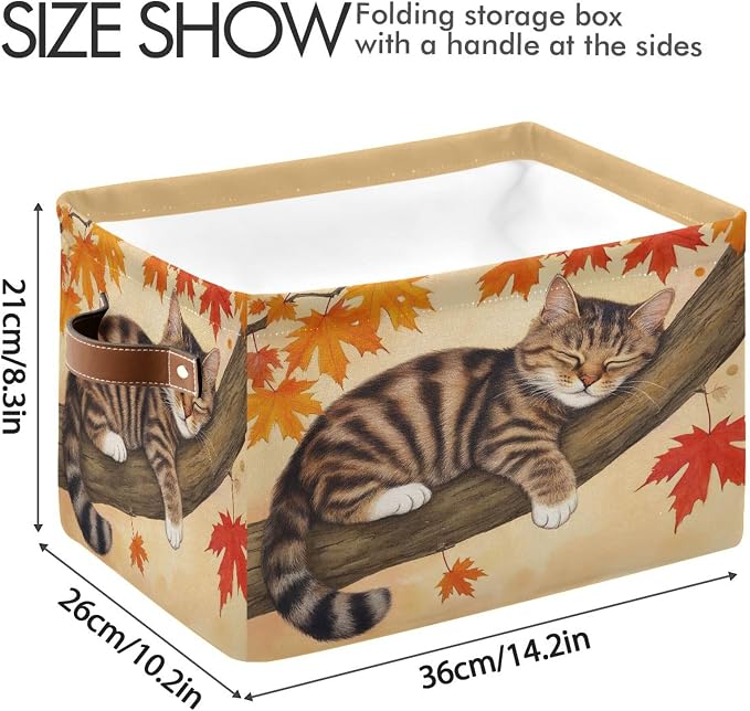 Wamika Fall Cat Kitty Storage Basket with Waterproof Liner and PU Handles Autumn Maple Leaves Storage Bins Boxes 14.2" Collapsible Decorative Organizer Baskets for Bedroom Closet Office 1 Pack