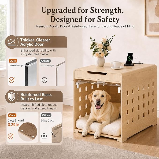 Modern Dog Crate Furniture Wooden Kennel Charging Station End Table Oak | Nightstand, Dog Cage Indoor, up to 110 lb, Flip-Up Acrylic Door, Storage Drawer, for Large Medium Dogs, Living Room Bedroom