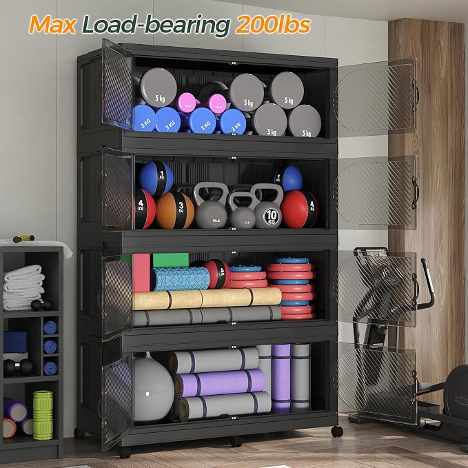 300GAL Plastic Storage Bins with Lid, 1200QT Extra Large Stackable Closet Organizers and Storage, Collapsible Storage Boxes with Wheels, Folding Cabinet for Home Kitchen Office, 5Pack Black