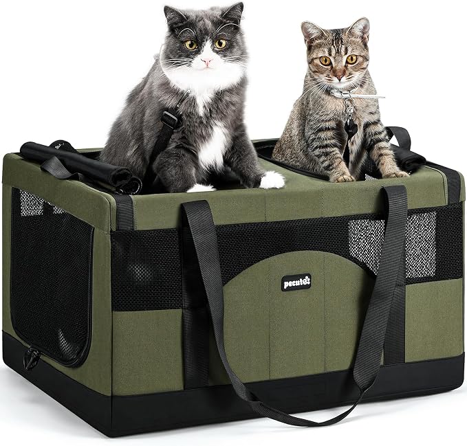 Pecute Large Cat Carrier, Soft Double Pet Crate for 2 Cats Travel, Green | Anti-Collapse Steel Frame, Convertible Dual Space, Foldable, Polyester Breathable mesh, Up to 26 lbs, Car Travel & Vet Visits