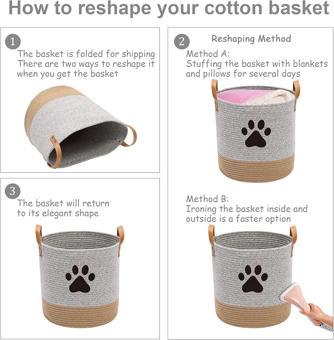 Morezi Cotton Rope Dog Toy Basket, Puppy Toy Storage Bin, Laundry Basket Blanket Storage - Perfect for Organizing Pet Toys, Blankets, Leashes - Gray Beige