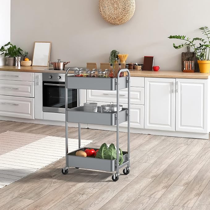 MAX Houser 3-Tier Rolling Utility Cart with Caster Wheels,Easy Assembly, for Kitchen, Bathroom (Silvery-Grey) (Pack of 3)
