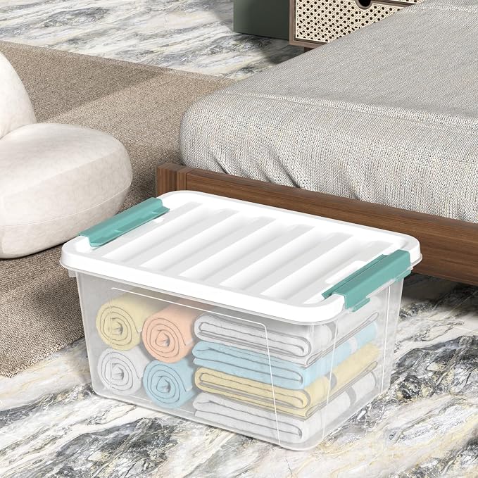 4-Pack 20 Quart Storage Bins with Lid, Clear | Stackable Plastic Storage Latches Box/Containers Tote See-Through Organizer for Closet, Pantry, Garage, Home Storage