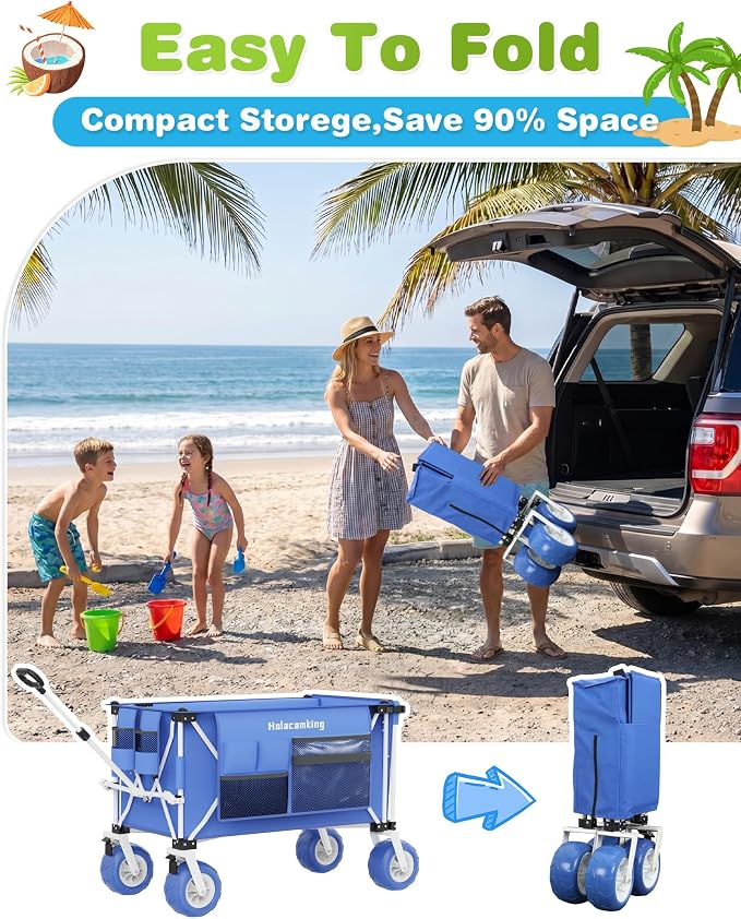 59"L Beach Wagon with 9×4" Big Sand Wheels, Expandable Tailgate | Heavy Duty Collapsible Utility Cart with 9" All-Terrain Non-inflatable Balloon Wheels for Beach Camping Baseball Fishing