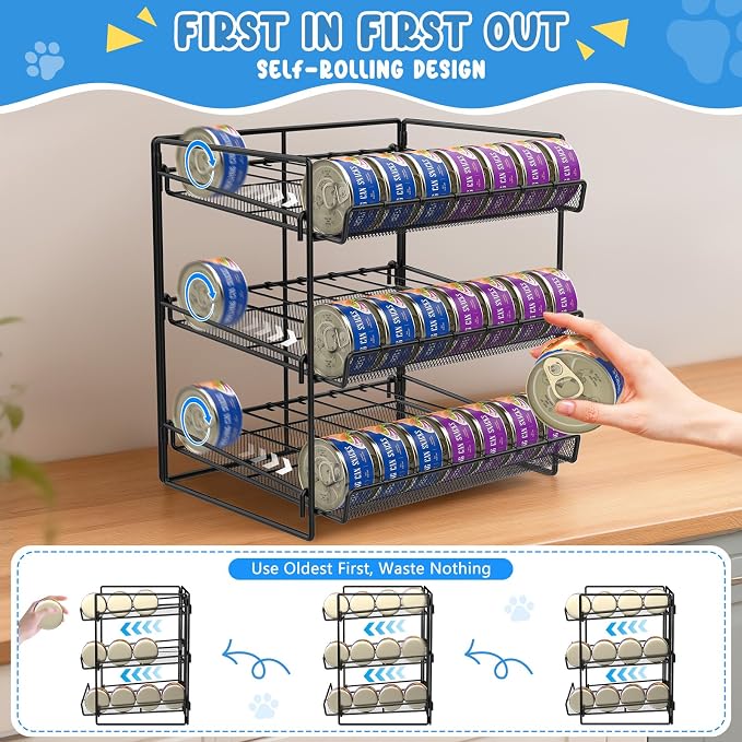 Cat Food Can Organizer 3-Tier Can Organizer for Pantry 84 Cans 3.5oz | Black metal 3-tier cat food can organizer,Holds 84 cans 3.5oz,Adjustable pantry countertop storage for kitchen cabinet
