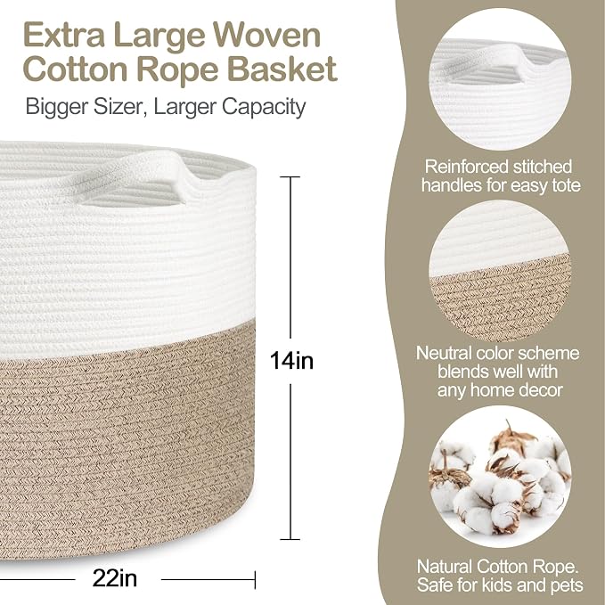 MEGASKET Large Rope Storage Basket, 22" X 22" X 14" Extra Large Woven Baskets for Storage, Cotton Rope Basket for Blankets Toys, Wicker Storage Baskets for Organizing, Wicker Laundry Basket Hamper