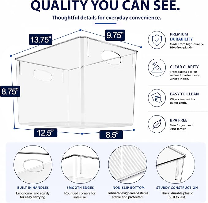 Sorbus Clear Storage Bins 4 Pack Extra Large – BPA-Free Clear Bins for Organizing Pantry, Toys & Laundry | Clear Storage Containers with Handles, 13.75x9.75x8.75