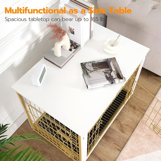HOOBRO Dog Crate Furniture, 38.6" Large Dog Kennel Indoor, Wooden Cage with Pull-Out Tray, Double Doors Pet House Side End Table for Large/Medium/Small Dogs, White DW982GW03
