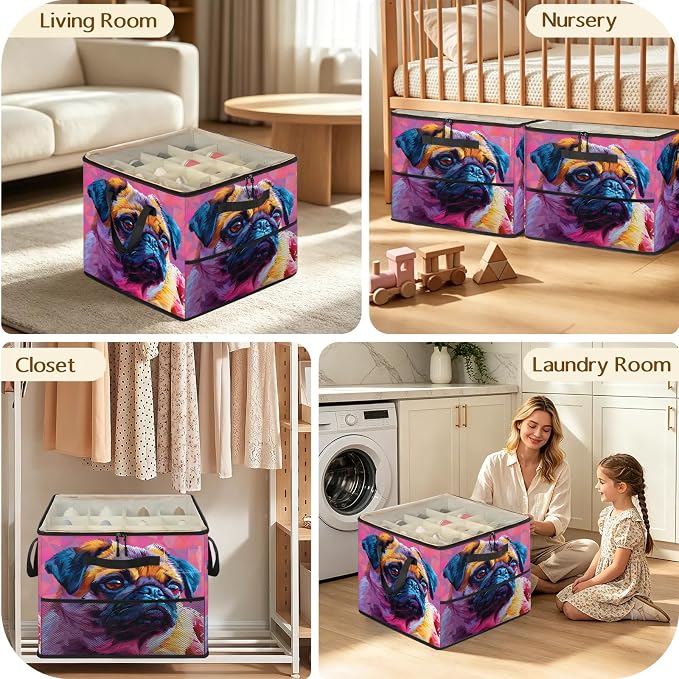 TropicalLife Funny Pug Dog Shoe Organizer for Closet | Foldable Shoe Storage Box Bin 16-32 Pair Shoe Storage for Sneakers, Boots & Heels with Adjustable Dividers, Clear Cover